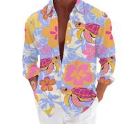 Hawaiian Shirt Men, Casual Holiday Shirts Button Down Beach Shirt 3D Printed Summer Floral Shirts Funny Hawaiian Beach Wear Lightweight Breathable Long Sleeve Casual Tops Wrinkle-Free Pink
