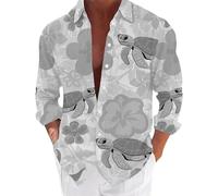 Hawaiian Shirt Men, Casual Holiday Shirts Button Down Beach Shirt 3D Printed Summer Floral Shirts Funny Hawaiian Beach Wear Lightweight Breathable Long Sleeve Casual Tops Wrinkle-Free Grey