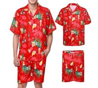 Hawaiian Shirts for Men Beer Mens Hawaiian Short Sleeve Shirts Button Down Fancy Dress Adult Tropical Beach Summer Holiday Flowers Party (UK, Alpha, XL, Regular, Regular, Red)