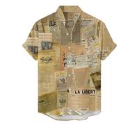 Hawaiian Shirts for Men Casual Newspaper Print Button Down Tops Lightweight Breathable Summer Beach Short Sleeve Clothes (Beige,3XL)