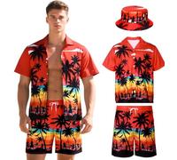 Hawaiian Shirts for Men, Hawaiian Shirt and Shorts Mens Bucket Tropical Summer Short Sleeve Outfit Beach Vacation Party (Red, L)