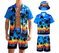 Hawaiian Shirts for Men, Hawaiian Shirt and Shorts Mens Bucket Tropical Summer Short Sleeve Outfit Beach Vacation Party (Blue, 2XL)