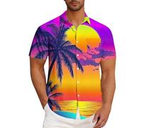 Hawaiian Shirts for Men Sunset Beach Palm Tropical Tops Summer Short Sleeve Floral Button Down T-Shirt Vacation Tees(Purple, XL)