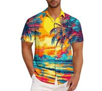 Hawaiian Shirts for Men Sunset Beach Palm Tropical Tops Summer Short Sleeve Floral Button Down T-Shirt Vacation Tees(Yellow, L)
