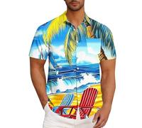 Hawaiian Shirts for Men Sunset Beach Palm Tropical Tops Summer Short Sleeve Floral Button Down T-Shirt Vacation Tees(Light Blue, L)