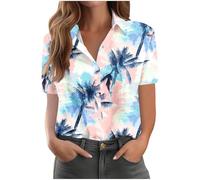 Hawaiian Shirts for Women Clearance Ladies Tropic Floral Print Button Down Shirts Summer Beach Hawaii Short Sleeve Blouse Tops Plus Size T-Shirt Loose Trendy Vacation Outfits