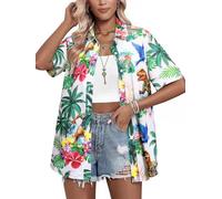 Hawaiian Shirts for Women Fun Dinosaur V Neck Button Up Print T-Shirt Short Sleeve Summer Casual Beach Blouse Top, White, L