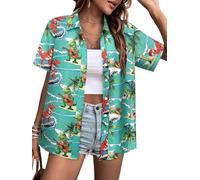 Hawaiian Shirts for Women Fun Dinosaur V Neck Button Up Print T-Shirt Short Sleeve Summer Casual Beach Blouse Top, Turquoise, M