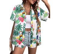 Hawaiian Shirts for Women Fun Dinosaur V Neck Button Up Print T-Shirt Short Sleeve Summer Casual Beach Blouse Top, White, L
