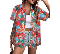 Hawaiian Shirts for Women Fun Dinosaur V Neck Button Up Print T-Shirt Short Sleeve Summer Casual Beach Blouse Top, Red, M
