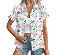 Hawaiian Shirts for Women Summer Beach Shirt Trendy Tropical Floral Print Tshirts Casual Button Down Short Sleeve Blouses Plus Size Tees Fashion Outfits Beach Vacation Clothes