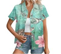 Hawaiian Shirts for Women Summer Beach Shirt Trendy Tropical Floral Print Tshirts Casual Button Down Short Sleeve Blouses Plus Size Tees Fashion Outfits Beach Vacation Clothes