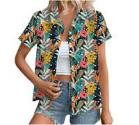 Hawaiian Shirts for Women Summer Beach Shirt Trendy Tropical Floral Print Tshirts Casual Button Down Short Sleeve Blouses Plus Size Tees Fashion Outfits Beach Vacation Clothes
