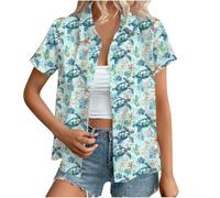 Hawaiian Shirts for Women Summer Beach Shirt Trendy Tropical Floral Print Tshirts Casual Button Down Short Sleeve Blouses Plus Size Tees Fashion Outfits Beach Vacation Clothes