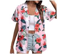 Hawaiian Shirts for Women Summer Beach Shirt Trendy Tropical Floral Print Tshirts Casual Button Down Short Sleeve Blouses Plus Size Tees Fashion Outfits Beach Vacation Clothes