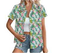 Hawaiian Shirts for Women Summer Beach Shirt Trendy Tropical Floral Print Tshirts Casual Button Down Short Sleeve Blouses Plus Size Tees Fashion Outfits Beach Vacation Clothes