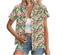 Hawaiian Shirts for Women Summer Beach Shirt Trendy Tropical Floral Print Tshirts Casual Button Down Short Sleeve Blouses Plus Size Tees Fashion Outfits Beach Vacation Clothes
