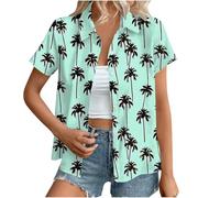 Hawaiian Shirts for Women Summer Beach Shirt Trendy Tropical Floral Print Tshirts Casual Button Down Short Sleeve Blouses Plus Size Tees Fashion Outfits Beach Vacation Clothes