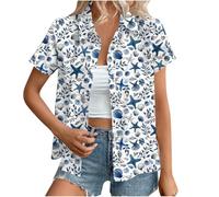 Hawaiian Shirts for Women Summer Beach Shirt Trendy Tropical Floral Print Tshirts Casual Button Down Short Sleeve Blouses Plus Size Tees Fashion Outfits Beach Vacation Clothes