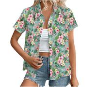 Hawaiian Shirts for Women Summer Beach Shirt Trendy Tropical Floral Print Tshirts Casual Button Down Short Sleeve Blouses Plus Size Tees Fashion Outfits Beach Vacation Clothes