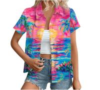 Hawaiian Shirts for Women Summer Beach Shirt Trendy Tropical Floral Print Tshirts Casual Button Down Short Sleeve Blouses Plus Size Tees Fashion Outfits Beach Vacation Clothes