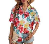 Hawaiian Shirts for Women Summer Short Sleeve Button Down Floral Beach Tops Holiday Blouse(Red Yellow Floral,XL)