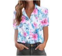 Hawaiian Shirts for Womens Summer Tops Trendy Tropical Floral Print Tshirts Casual Beach Button Down Short Sleeve Blouses Plus Size Tees Fashion Tops Beach Vacation Outfits