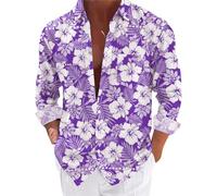 Hawaiian Shirts Long Sleeve Men, Tropical Shirts Funky Floral Hawaiian Shirts Button Down Beach Party Shirts Loose Casual Dress Shirts Seaside Scenery Graphic Shirt Holiday Long Sleeve Tops Purple