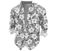 Hawaiian Shirts Long Sleeve Men, Tropical Shirts Funky Floral Hawaiian Shirts Button Down Beach Party Shirts Loose Casual Dress Shirts Seaside Scenery Graphic Shirt Holiday Long Sleeve Tops Grey