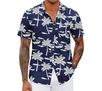 Hawaiian Shirts Mens Island Print Beach Shirt with Pocket Summer Breath Tops Shortsleeves Button Down Blouses Turndown Striped Shiteshirts Comfort Lightweight Tshirts for Holiday S-2Xl Dark Blue