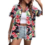 Hawaiian Shirts Women Hawaii Tshirt Cool Floral Tropic Print Graphic Tees Tops Button Up Summer Vacation Shirt, Black, XXL