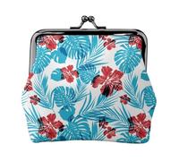 Hawaiian Style Blue Leaves Coin Purse, Kiss-lock Change Purse Wallets, Small PU Leather Coin Purse for Women
