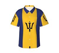 Hawaiian Style Men's Vacation Shirt, Flag of Barbados Printed Short-Sleeve Top, Suitable for Beach Summer Outfits, S-3XL, Black, Medium