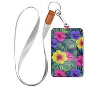 Hawaiian Style Tropical Flowers Palm Leaves Bright Neon Colors Leather Badges Holder with Lanyard and 3-Card Capacity id Holder for Staffs Officers Students Doctors Employees