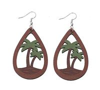 Hawaiian Summer Wooden Beach Earrings Coconut Palm Tree Teardrop Flip-flops Drop Dangle Earrings Tropical Luau Beach Hula Party Holiday Jewelry Gifts, 木, No Gemstone