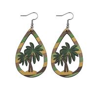 Hawaiian Summer Wooden Beach Earrings Coconut Palm Tree Teardrop Flip-flops Drop Dangle Earrings Tropical Luau Beach Hula Party Holiday Jewelry Gifts, 木, No Gemstone