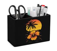 Hawaiian Sunset Palm Trees Pencil Holder with Compartment PU Leather Pen Cup Stationery Organizer Small Office Accessories Desktop Decor