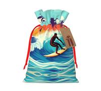 Hawaiian Surfer On Wavy Print Christmas Gift Bag, Drawstring Christmas Bags Reusable Gift Bags With Name Tags