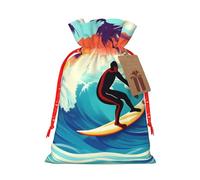 Hawaiian Surfer On Wavy Print Christmas Gift Bag, Drawstring Christmas Bags Reusable Gift Bags With Name Tags