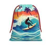 Hawaiian Surfer On Wavy Print Drawstring Gift Bag, Xmas Wrapping Bags For Presents With Birthday Holiday Party