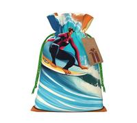 Hawaiian Surfer On Wavy Print Print Christmas Gift Bag, Drawstring Christmas Bags Reusable Gift Bags With Name Tags