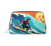 Hawaiian Surfer On Wavy Print Print Leather Cosmetic Pouch, Leather Makeup Bag for Purse with Top Zip Closure Stylish Toiletry Bag