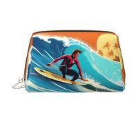 Hawaiian Surfer On Wavy Print Print Leather Cosmetic Pouch, Leather Makeup Bag for Purse with Top Zip Closure Stylish Toiletry Bag