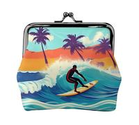Hawaiian Surfer On Wavy Print Women's Kiss Lock Coin Pouch, Mini Wallet for Cards and Lipstick, Soft Compact Purse