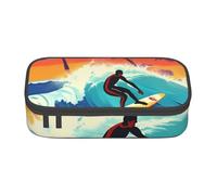 Hawaiian Surfer on Wavy Print Zipper Pencil Case Makeup Bag Women, Stationery Accessory storage bag supplies, Black, One Size