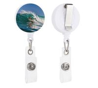 Hawaiian Surfer on Wavy Retractable Badge Reel - Personalized ID Name Badge Holder with Lanyard Cute Badges Reel Holder Round Nurse Doctor Name Tag Badges Clip for Work