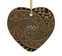 Hawaiian Tapa Honu Turtle Printed decorative ornaments, ceramic heart-shaped ornaments, can be hung on Christmas trees and fireplaces