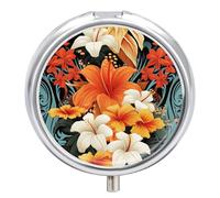 Hawaiian tribal flowers and patterns on black background, 3 compartment pill box, small travel pill case for purse and pocket portable daily pill organizer for