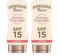 Hawaiian Tropic Glowing Protection Sunscreen Lotion, Water Resistant SPF 15 UVA plus UVB Protection Suncream, Tropical Scent Sun Lotion with Shea Butter, 180 ml (Pack of 2)