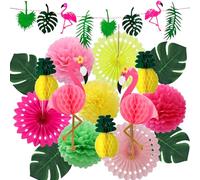 Hawaiian Tropical Birthday Party Decorations, Flamingo and Palm Leaves Banner Pineapple Flamingo Honeycomb Ball Tissue Paper Fan Pom poms Flowers for Summer Luau Beach Party Suuplies